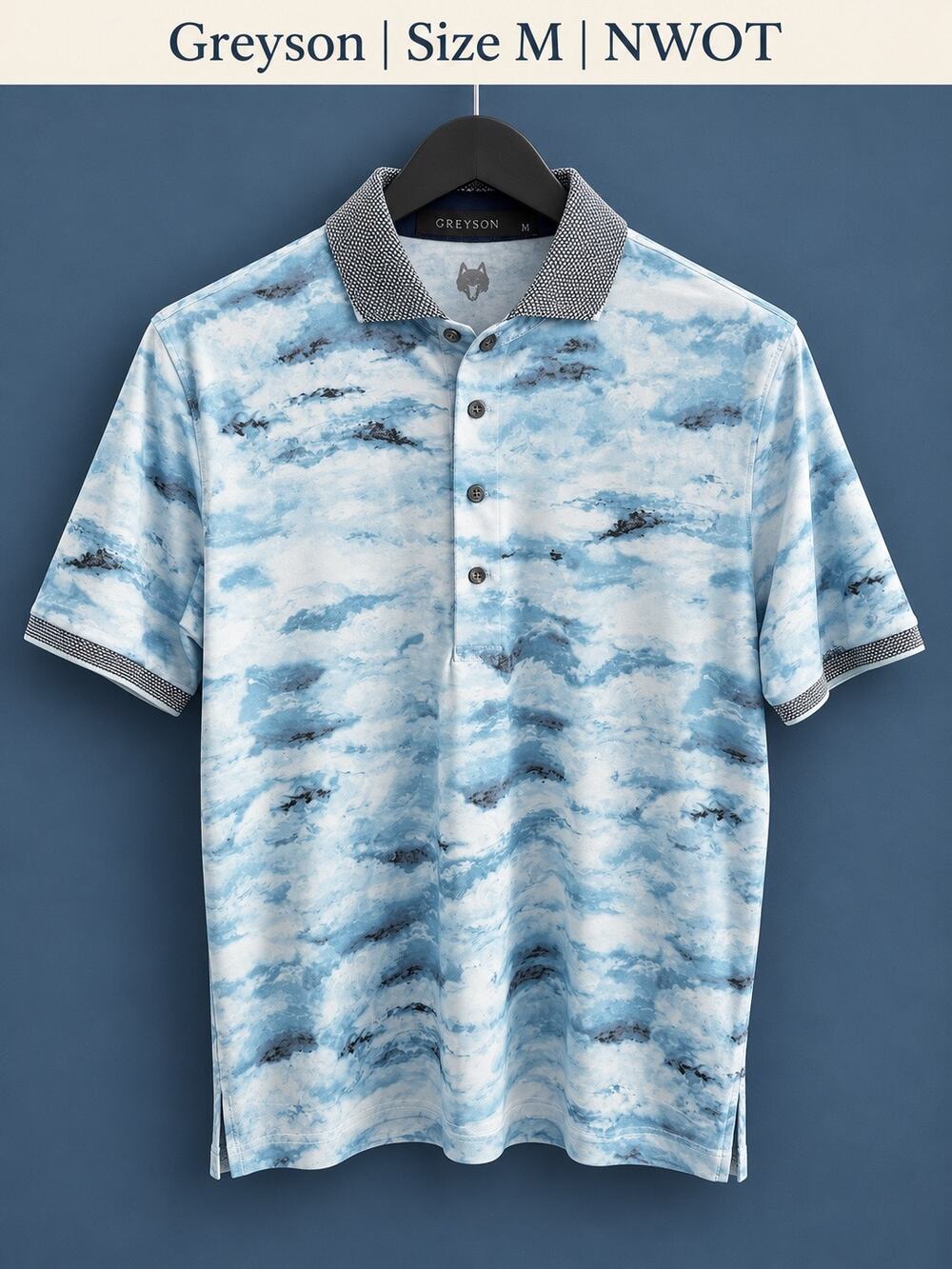 Greyson Men’s Blue White Cloud Print Golf Polo Medium NWOT